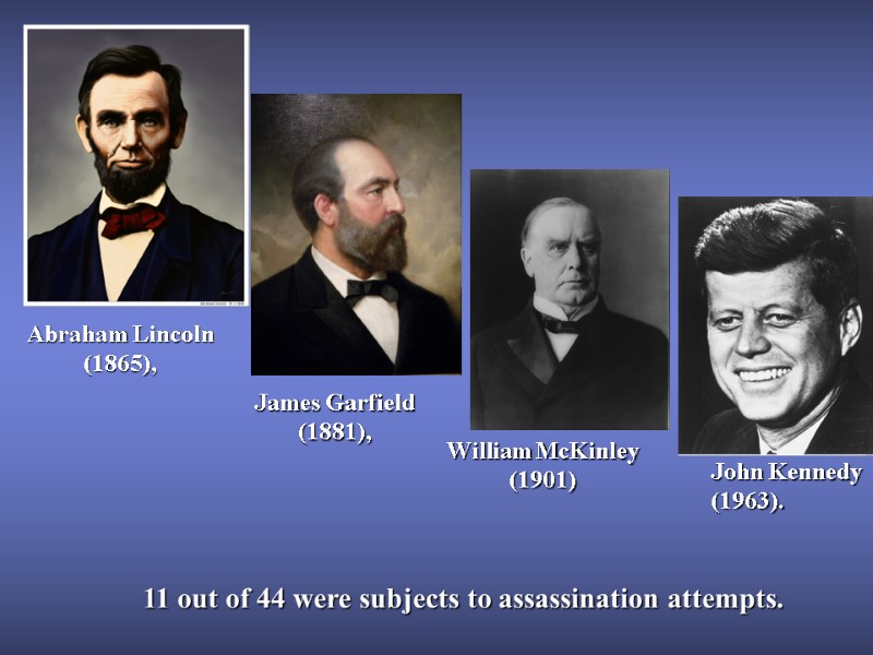 11 out of 44 were subjects to assassination attempts. Abraham Lincoln (1865), James Garfield